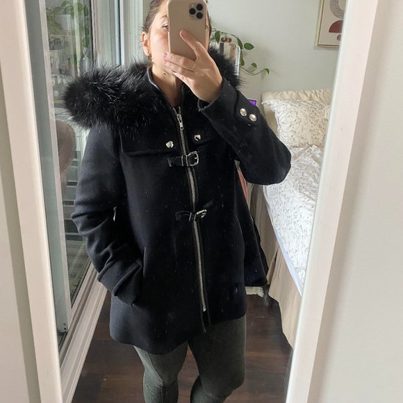 ZARA Black Coat with Black Faux Fur Hood Size M - Picture 3 of 9